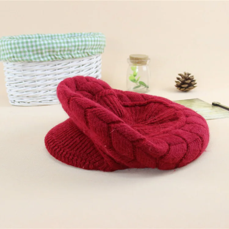 Wine red Cap Женская вязаная шапка s козырьки Осень Зима Новая однотонная клетчатая теплая шапка с козырьком повседневная женская вязаная шапка для девушек женские шапки Skullies - Цвет: Wine red Cap