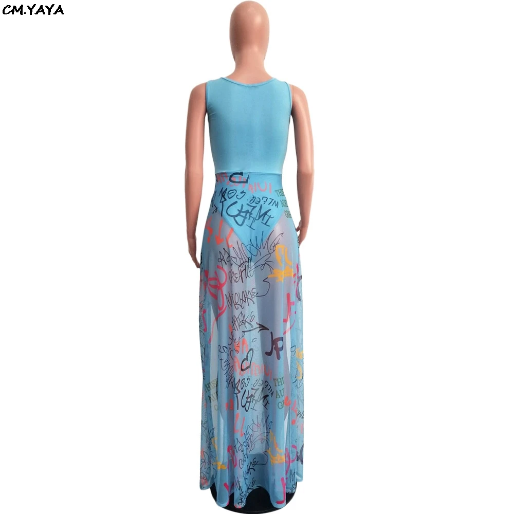 2019 women new summer letter print mesh see though patchwork side split tank beach maxi dress sexy party dresses 2color GLQM3783 | Женская