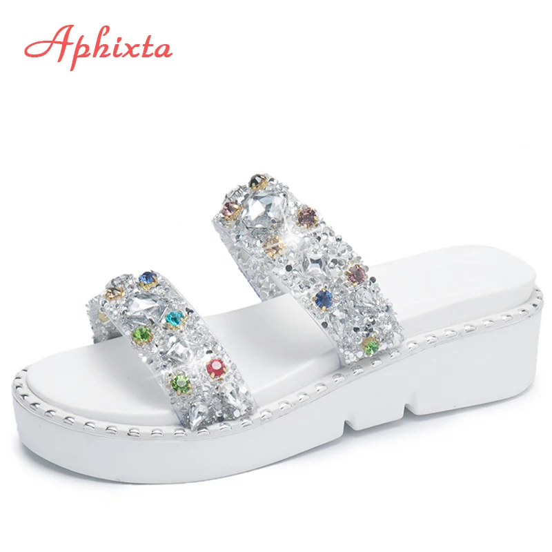 Aphixta/Мужская обувь женские блестящие шлепанцы на танкетке летний модный хрусталь
