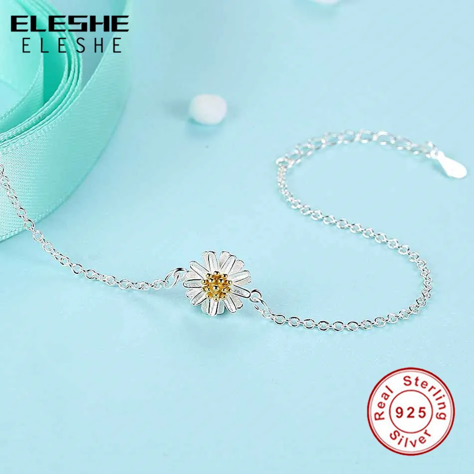 ELESHE, роскошный бренд, 925 пробы, Серебряный цветок ромашки, браслеты с подвесками, звенья цепи, регулируемые браслеты для женщин, свадебные ювелирные изделия