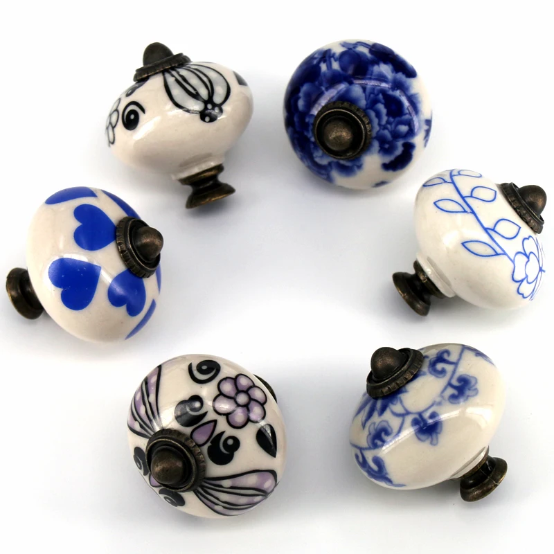 6PCS Blue Black Ceramic Cabinet Knobs Furniture Door Various Designs Porcelain Drawer Pulls Kitchen Cupboard Handles | Обустройство