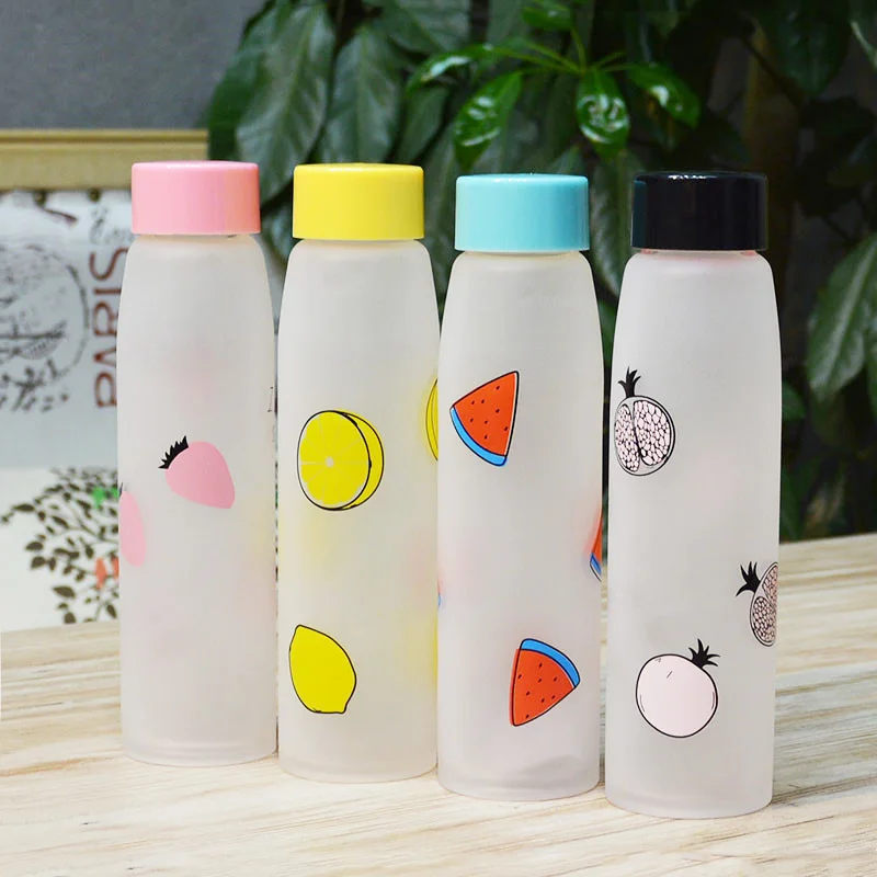 Свежее матовое стекло бутылка для воды с фруктовым узором Герметичная Бутылка