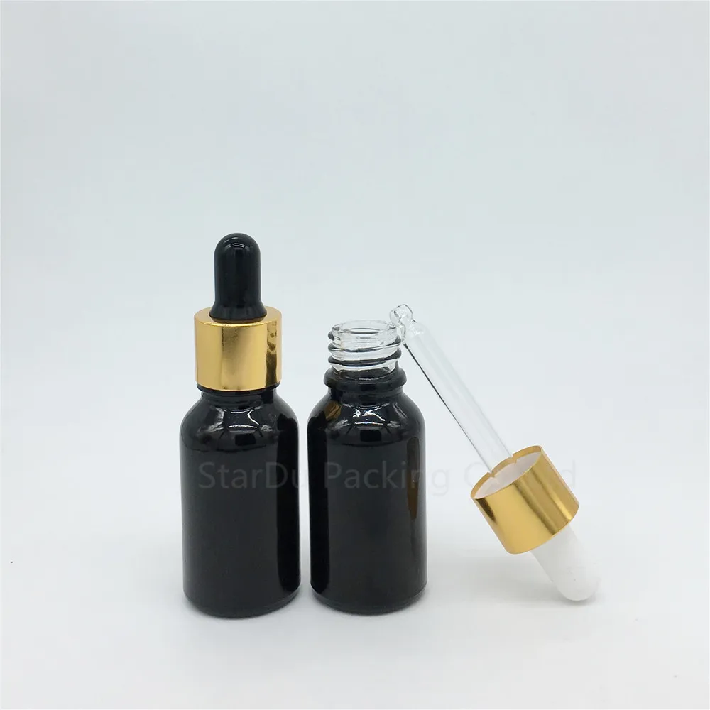 

Free shipping 200pcs/lot 15ml empty black glass essential oil bottle with gold aluminum ring dropper, 15CC glass perfume bottle