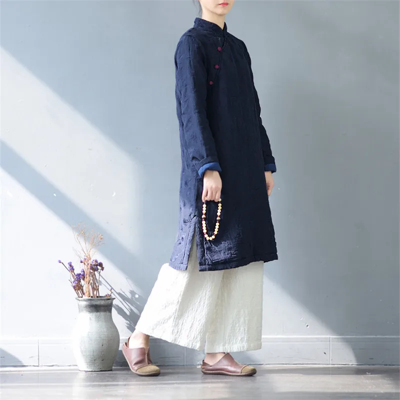 

SCUWLINEN 2021 Winter Dress Vintage Floral Jacquard Plate Buttons Thicken Warm Cotton Dress Vestidos Pullover Parka S477