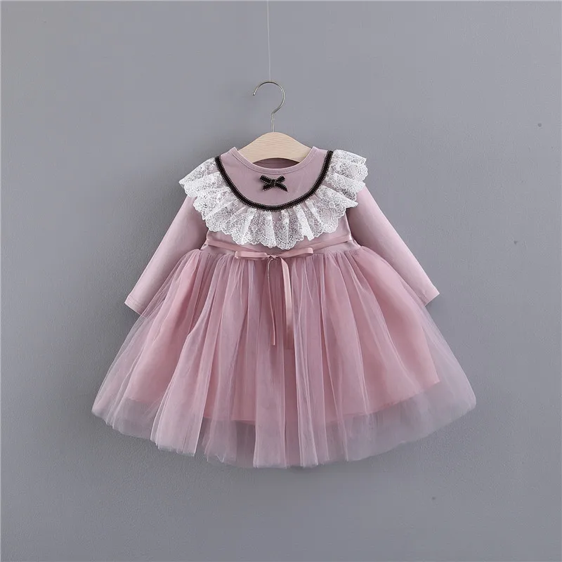 Для маленьких девочек весеннее платье с длинными рукавами круглым вырезом и