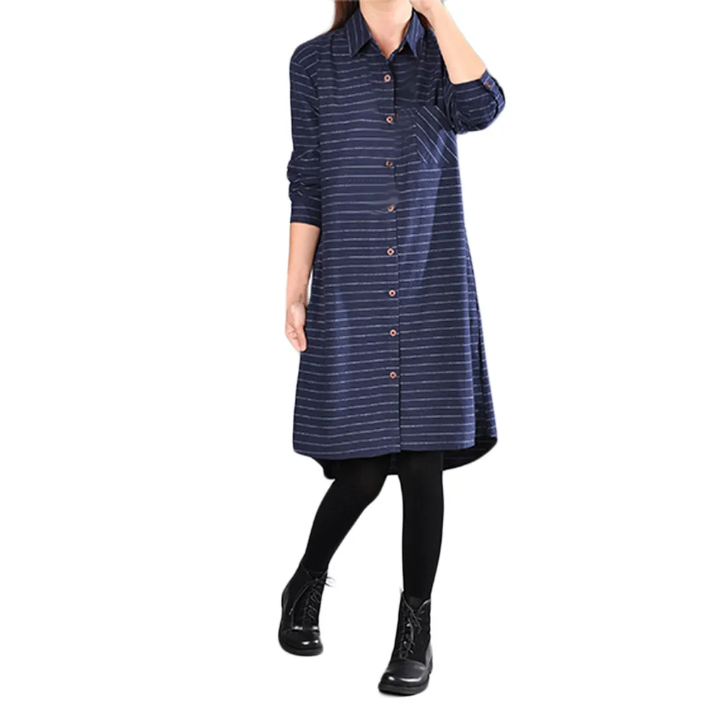 Women Stripe Cotton And Linen Long Sleeves Loose Section Dress 2018 women's summer clothes vestido verano | Женская одежда
