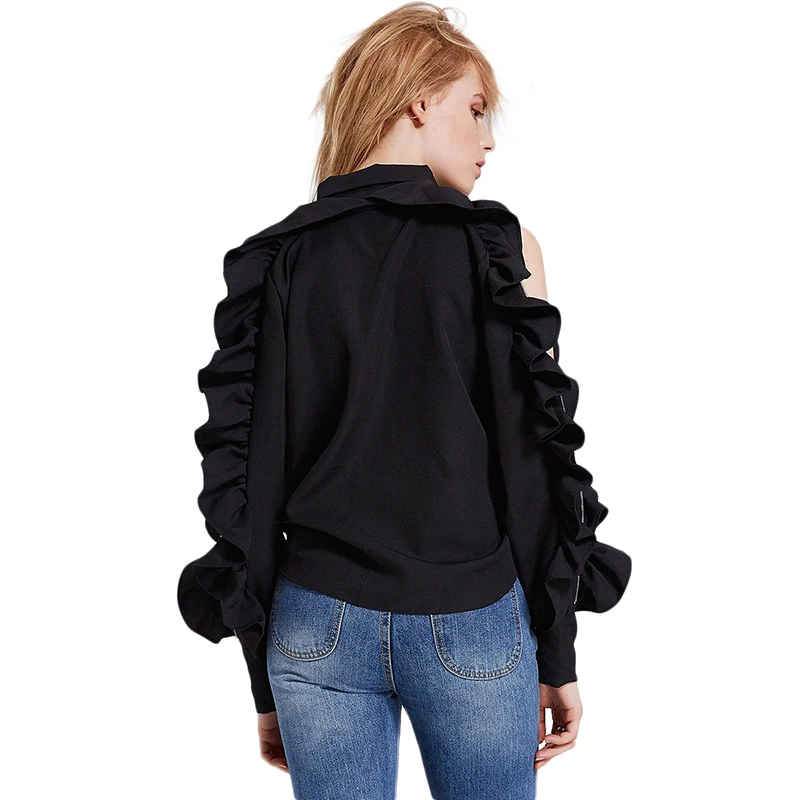 HYH HAOYIHUI Brand Women Black Sweet Shirts Cold Shoulder Butterfly Sleeve Zipper Buttons Female Casual Blouses Sexy Lady |
