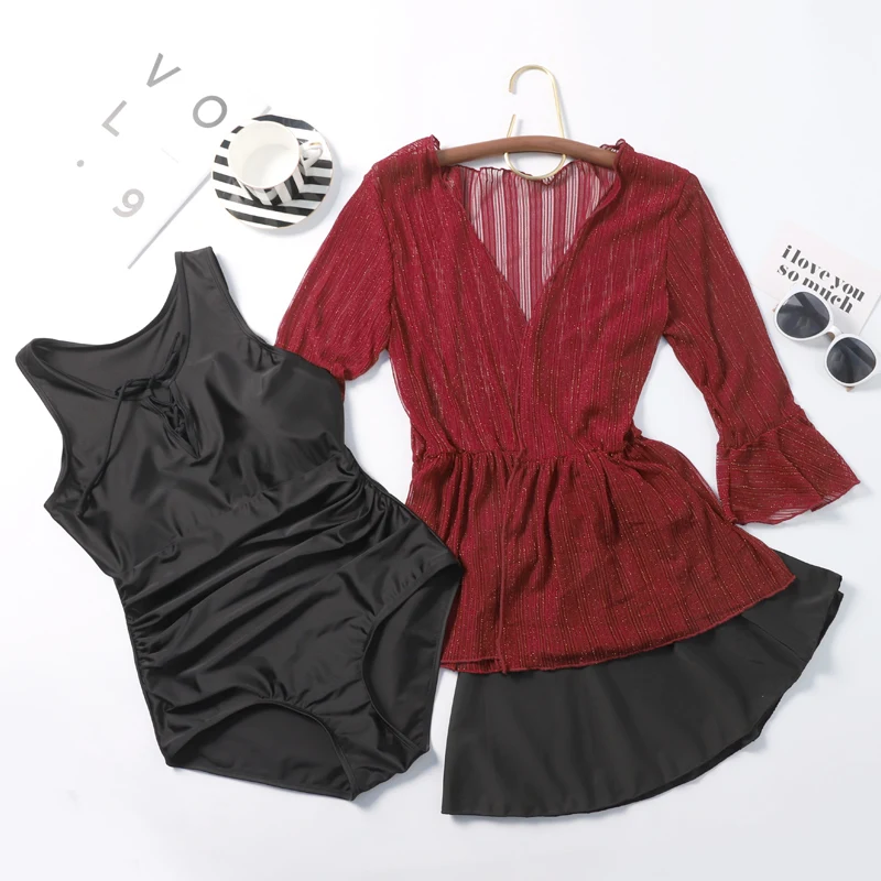 Соблазнительный купальный костюм 2019 блестящий черный и красный кружевной