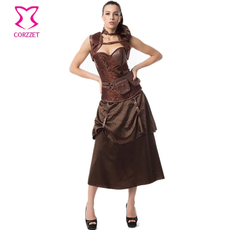 Винтажное коричневое платье корсет из парчовой стали с оборками в стиле стимпанк