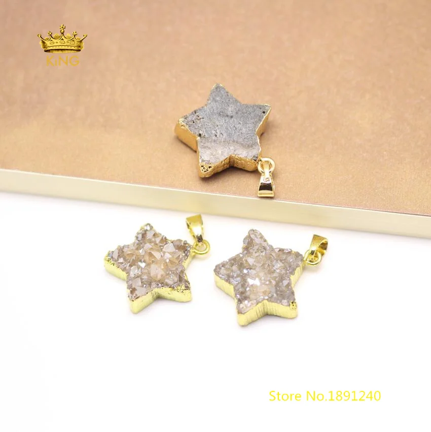 10 шт. Sparkly шампанское Титан Druzy звезда Подвеска для Цепочки и ожерелья, покрытием золото поручительств сырья Drusy Кварц ремесло серьги GH265