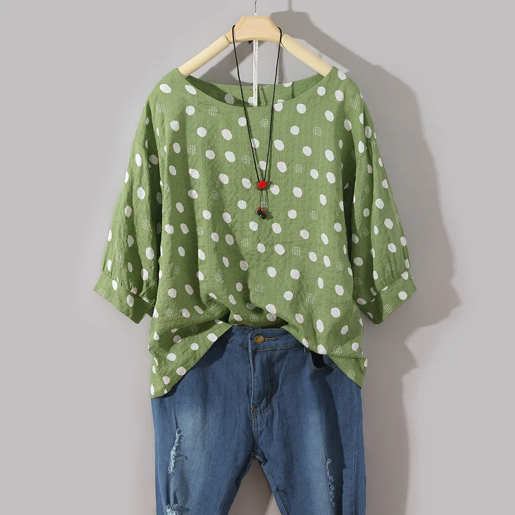 Vantage большие размеры в горошек хлопковая льняная рубашка Женская свободная Ретро