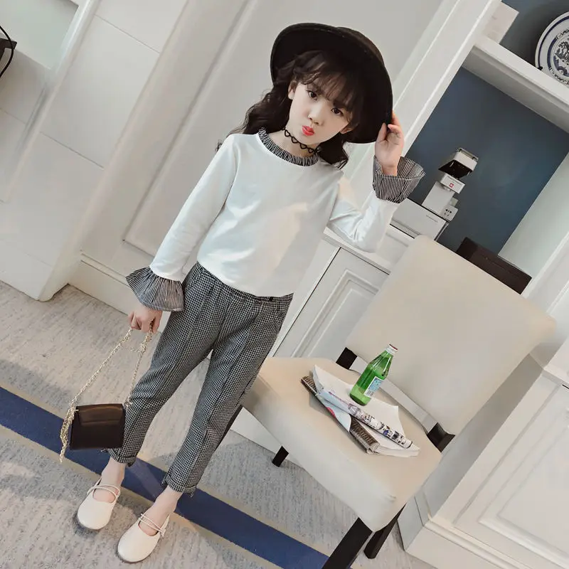 Children Clothes Set for Girls 2018 Spring New Suit Big Kids Shirts + Plaid Pant 2pcs Girl Clothing Sets Cotton Brand Fashio | Детская