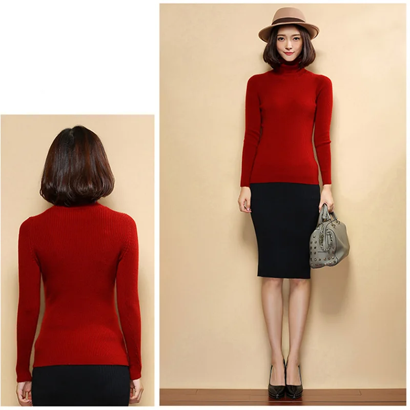 Women's 35% Cashmere Turtleneck Allover Ribbed Pullover Slim Solid Trend Colors Multi Base Model Sweater For Women Jumper 2018 | Женская