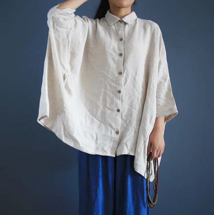 Рубашка женская льняная с отложным воротником свободная блузка длинным рукавом