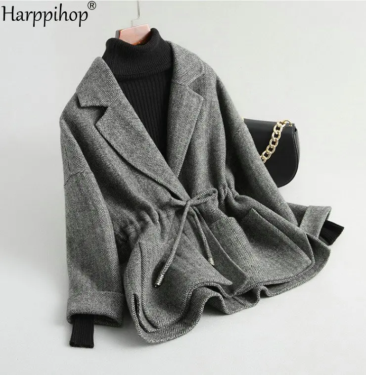 2019 Women Fall Winter new wool herringbone jacket with long style pocket leisure coat