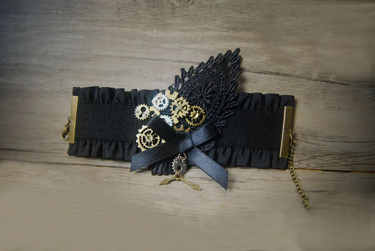 Уникальный стимпанк Gear черный кружевной Ретро готический браслет с бантами для
