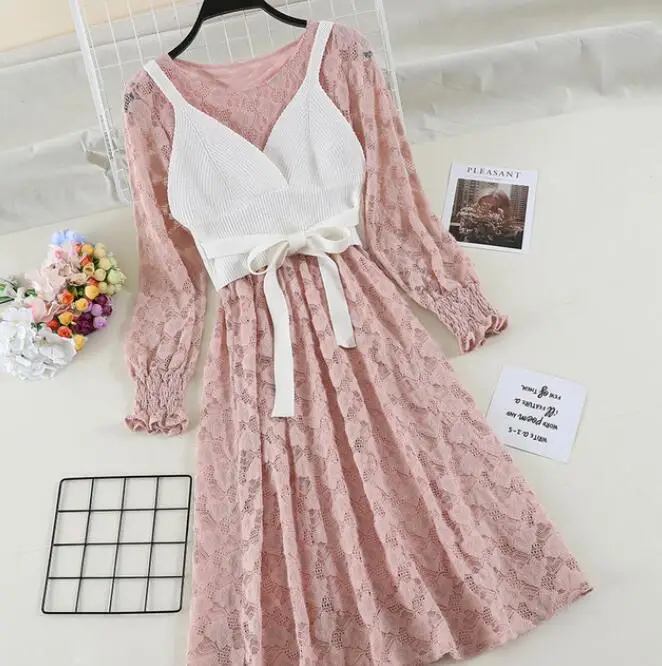 Fall Lace Dress Suit Women Long Two Piece Sets New Knitting Vest + Sleeve Dresses Girl Students Party Vestidos | Женская одежда