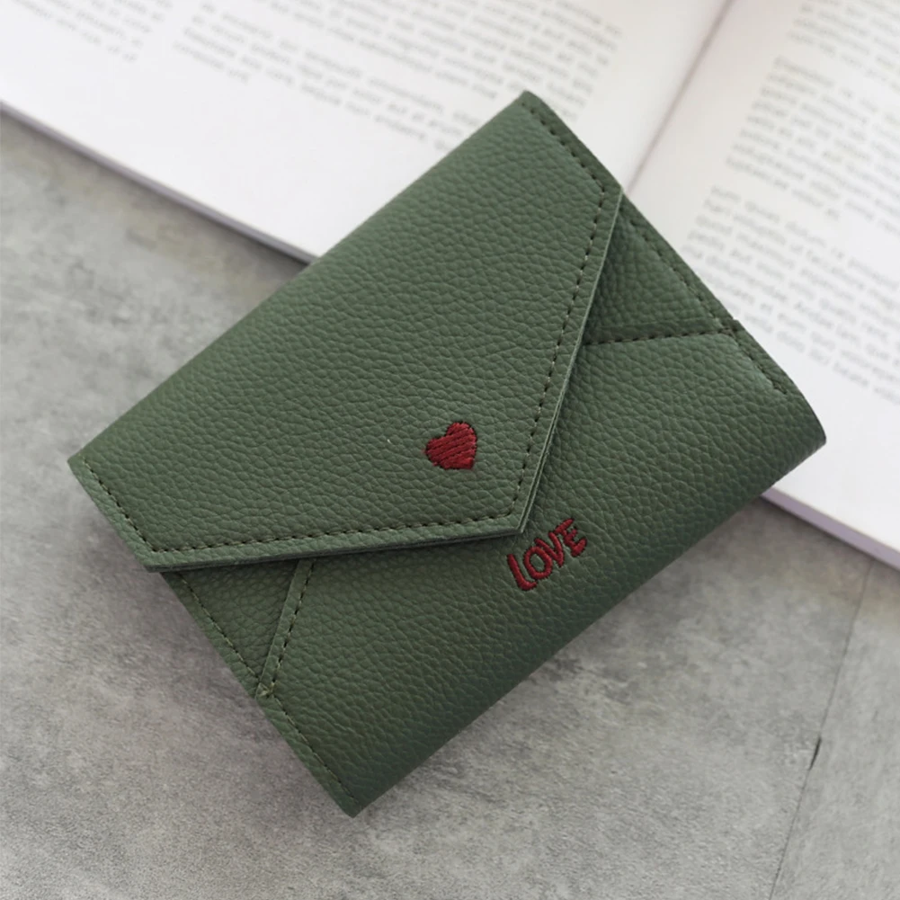 Dark Green Портативный мини-кошелек из искусственной кожи с узором в виде сердца, Многофункциональный маленький карман с вышивкой для монет, Модный женский кошелек с тремя отделениями для карт - Цвет: Dark Green