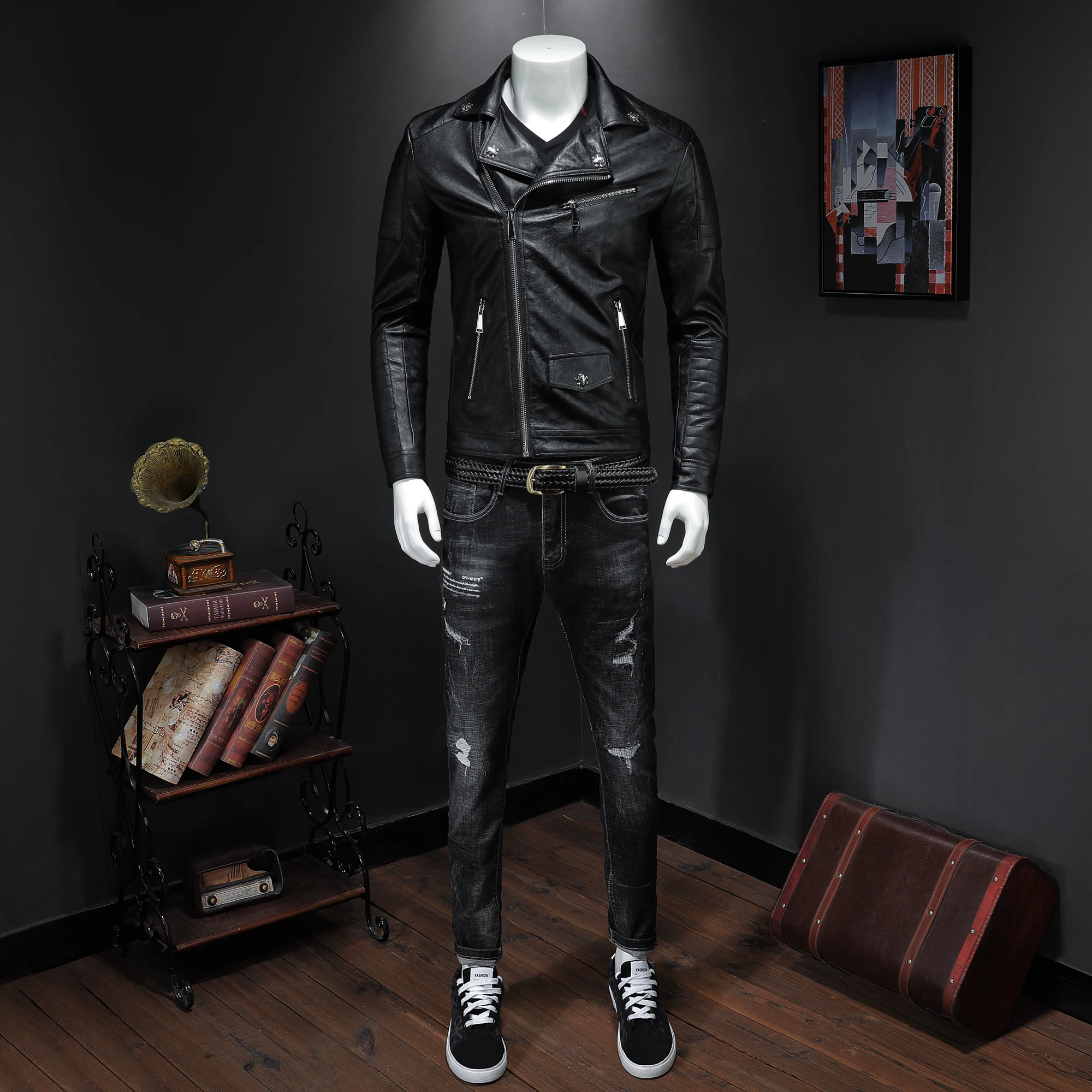 Мужская кожаная куртка повседневная мотоциклетная с черепом 2019|leather jacket men skull|men