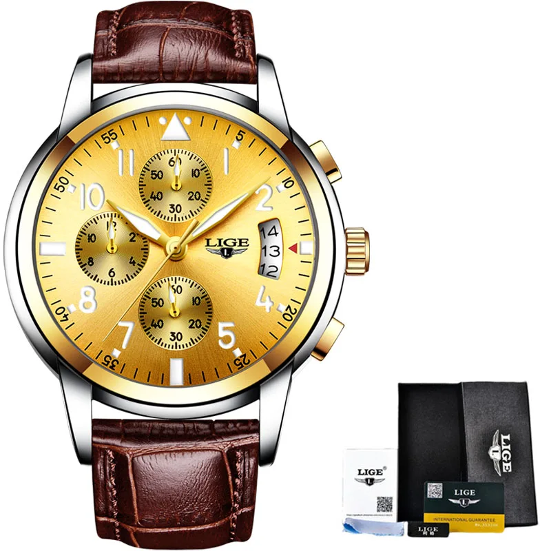 Mens Watches Top Brand Fashion Chronograph LIGE Black Quartz Watch Stainless Steel Automatic Date Watch Relogio Masculino - Цвет: leather silver gold