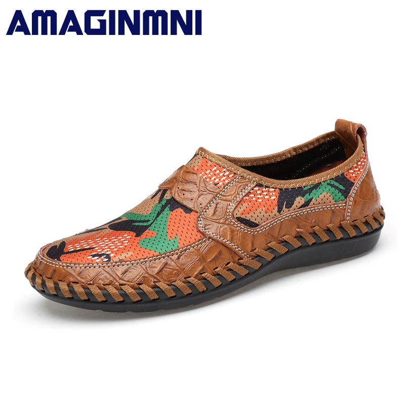 AMAGINMNI Summer Breathable Mesh Shoes Mens Casual Genuine Leather Slip On Brand Fashion Man Soft Comfortable | Обувь