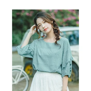 Блузка женская летняя, с круглым вырезом и коротким рукавом