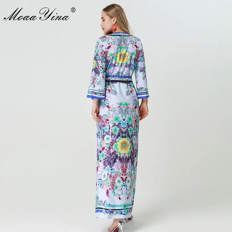 

MoaaYina Fashion Designer Runway Dress Autumn Women Flare Sleeve Single-breasted Sashes Floral Print Casual Holiday Maxi Dress