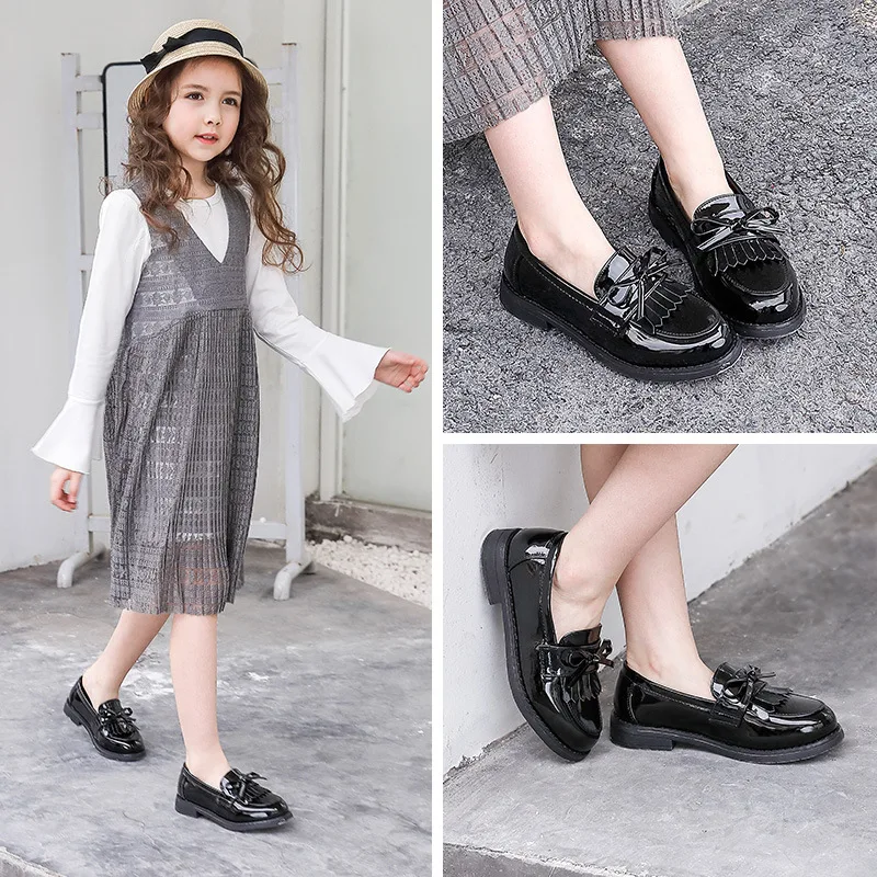 Туфли из натуральной кожи с бахромой для девочек лоферы на плоской подошве без