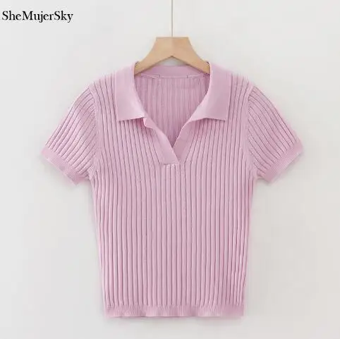 pink blouse SheMujerSky, трикотажная рубашка поло, Женская одноцветная блузка с отложным воротником,, летние топы koszula damsk - Цвет: pink blouse