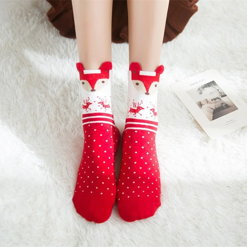 

Dreamlikelin Christmas Gifts Striped Cotton Socks Harujuku Christmas Deer Kawaii Dog Female Red Crew Socks