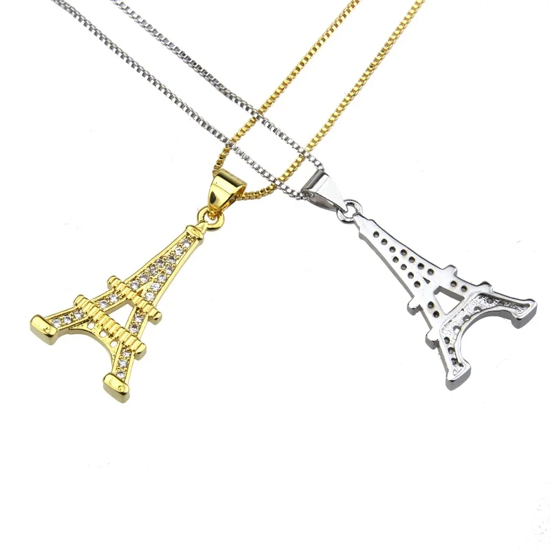 New design gold copper white cubic zirconia Eiffel tower pendant necklace for women fashion unique party jewelry chain gifts | Украшения и