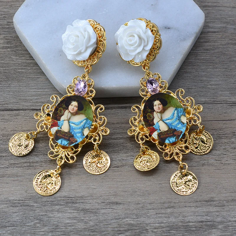 Baroque Bohemian Vintage Jewelry Gold Rose Flower Pearl Oil Painting Crystal Stud Earrings For Lady Party Wedding Wholesale