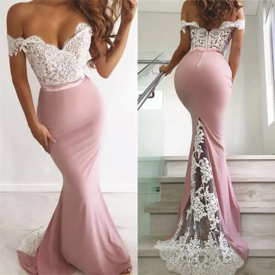 Розовый Robe De Soiree сексуальное платье Русалка с открытыми плечами, розовое кружевное платье для выпускного вечера,, v-образный вырез, вечернее платье, специальные вечерние платья - Цвет: Розовый