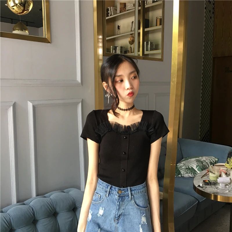 Летние Для женщин топы оборками сетки шить трикотажные с короткими рукавами