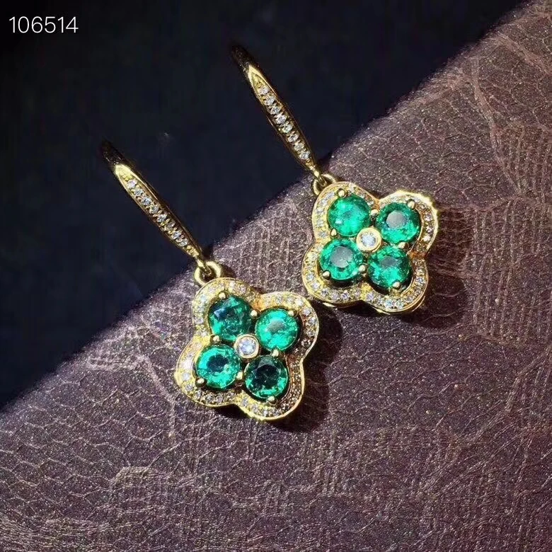 Серьги-капли с натуральным зеленым изумрудом из серебра 925 пробы, серьги-капли с натуральным драгоценным камнем, Модные женские вечерние ювелирные изделия с цветком клевера