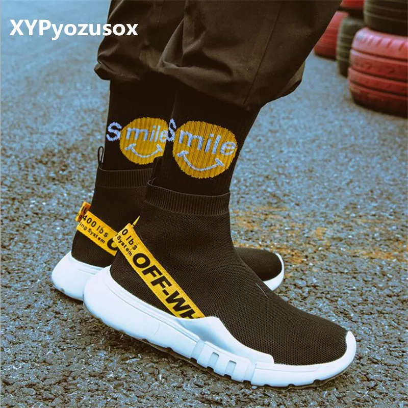Harajuku Для мужчин Off White в стиле хип хоп с круглым вырезом носки со смайликом