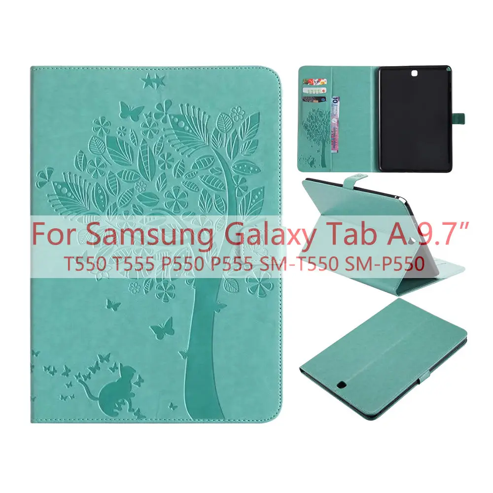 Зеленый Для samsung Galaxy Tab A 9," T550 T555 P555 чехол 3D тиснение Счастливое дерево из искусственной кожи флип-бумажник оболочка SM-T555 SM-P550 чехол для планшета - Цвет: Зеленый