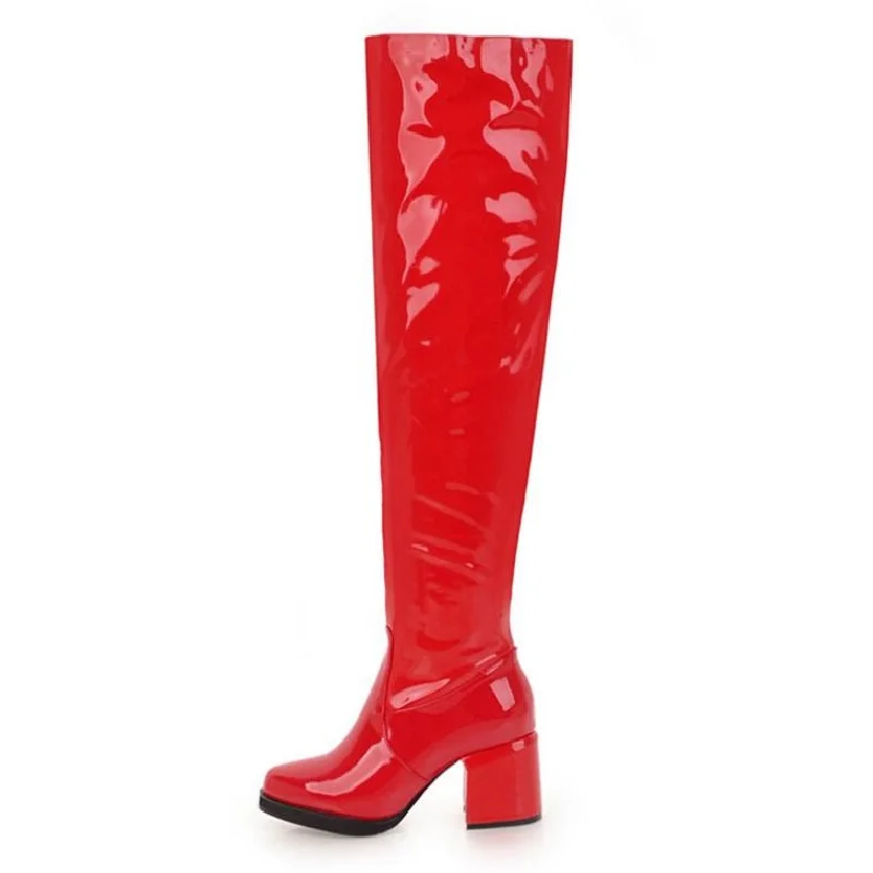 Женские сапоги из лакированной кожи с круглым носком выше колена | Обувь