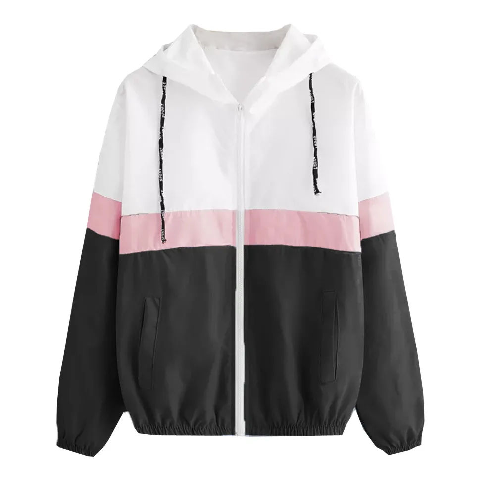 

Spring Autumn Fashion Hooded Two Tone Windbreaker Jacket Zipper Pockets Casual Long Sleeves WOMEN Coats Outwear 2018