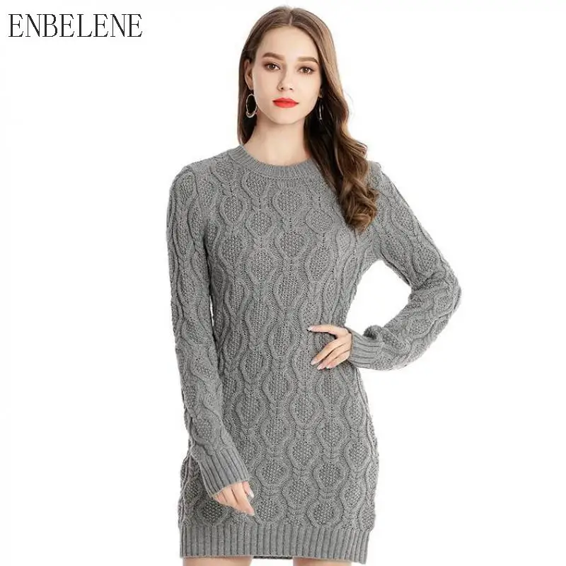 Осенне-зимний женский мини-вязаный свитер платья Белый Черный пуловер с круглым