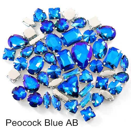 Peocock Blue AB 50 шт. Стразы смешанной формы с кристаллами AB, Пришивные с серебряным клешом, стеклянные каплевидные камни для шитья ювелирных изделий из ткани B1142 - Цвет: Peocock Blue AB