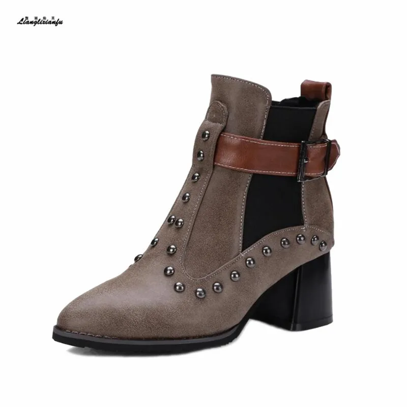 Женские ботинки с острым носком на квадратном каблуке 6 см | Обувь