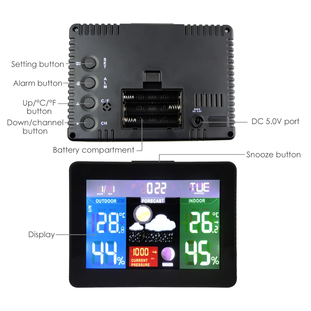 3 Беспроводной датчики метеостанции Цвет Дисплей радиоуправляемые часы барометр