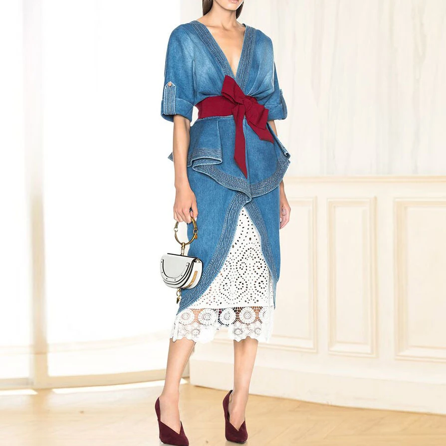 2018 осеннее модное платье из 2 предметов V_neck джинсовое с бантом + облегающее до