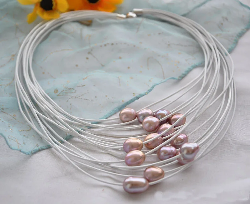 

New Arriver Real Pearl Leather Necklace,15 strands 13mm Lavender Rice Freshwater Pearl White Leather Jewellery 20inches