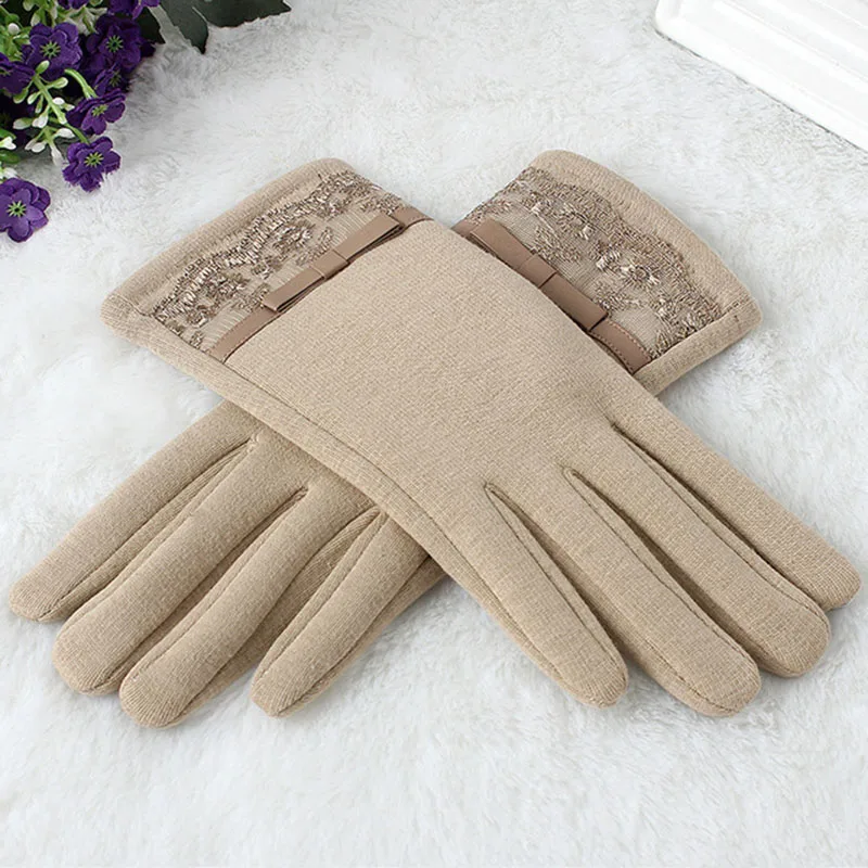 Light khaki Модные женские хлопчатобумажные кружевные наручные перчатки с сенсорным экраном, зимние женские основовязаные бархатные плюс плюшевые теплые перчатки на весь палец B73 - Цвет: Light khaki