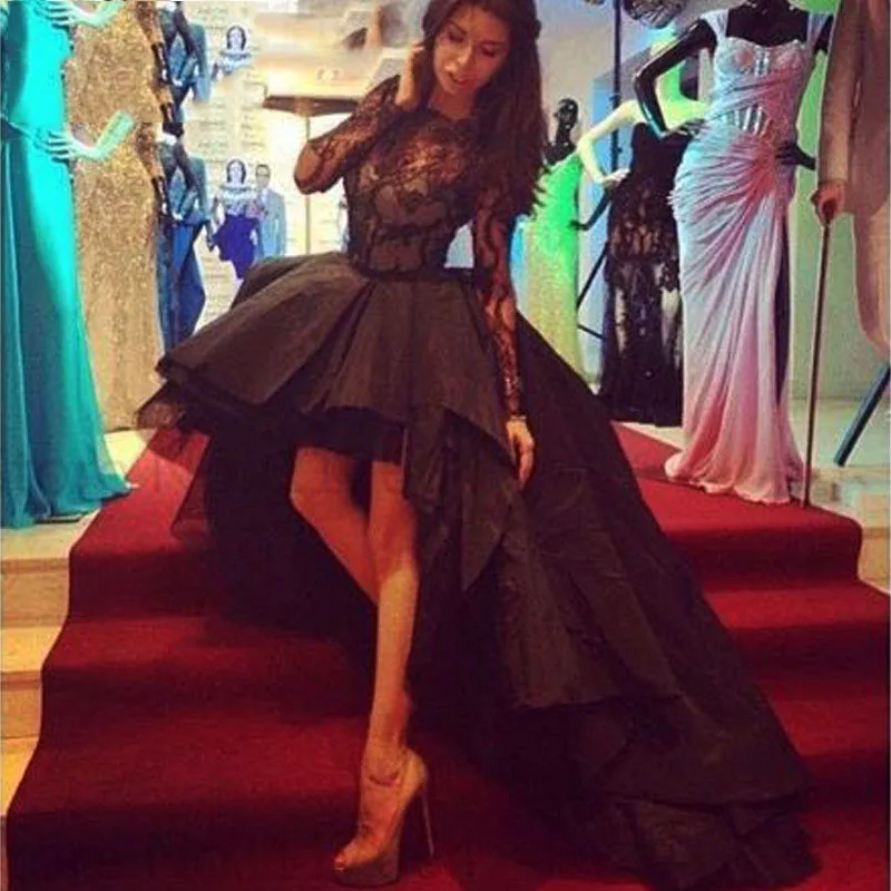 Вечернее платье с длинным рукавом черное Ассиметричное из тафты высоким и низким