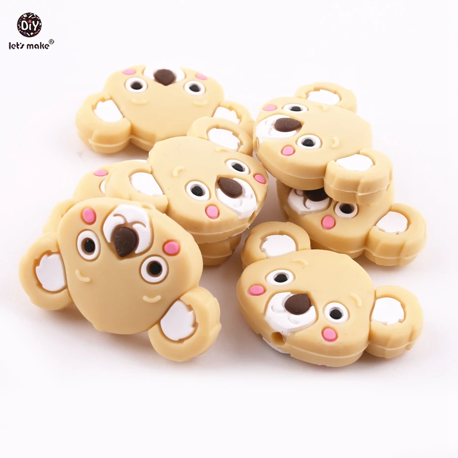 Let's Make-mordedor de silicona de grado alimenticio, Mini Koala marr&oacute;n, 5 piezas, animales de silicona de dibujos animados, collar hecho a mano sin BPA, mordedor para beb&eacute;-0