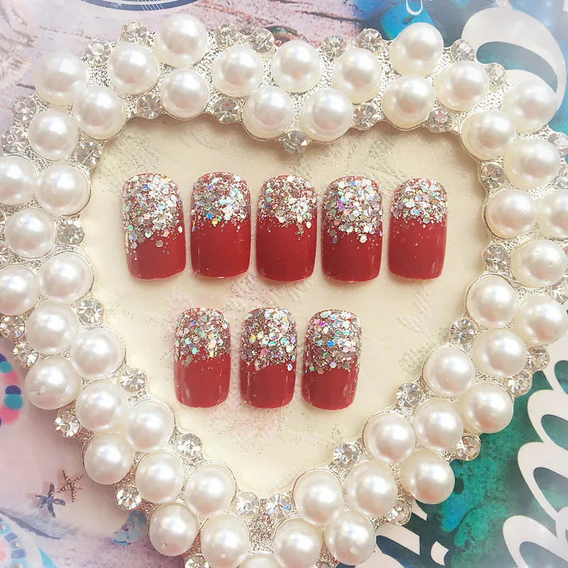 24pcs/set Bride Wedding Party Nail Decoration Women Fashion Glitter Patch Art Tools Red Color Short Size Fake Nails | Красота и