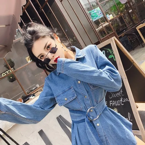 

Denim Top Female Sashes Women's Shirt Retro Women's Blouse Cardigan Camisa Feminina Turn-down Collar Blusas Feminina Ver O